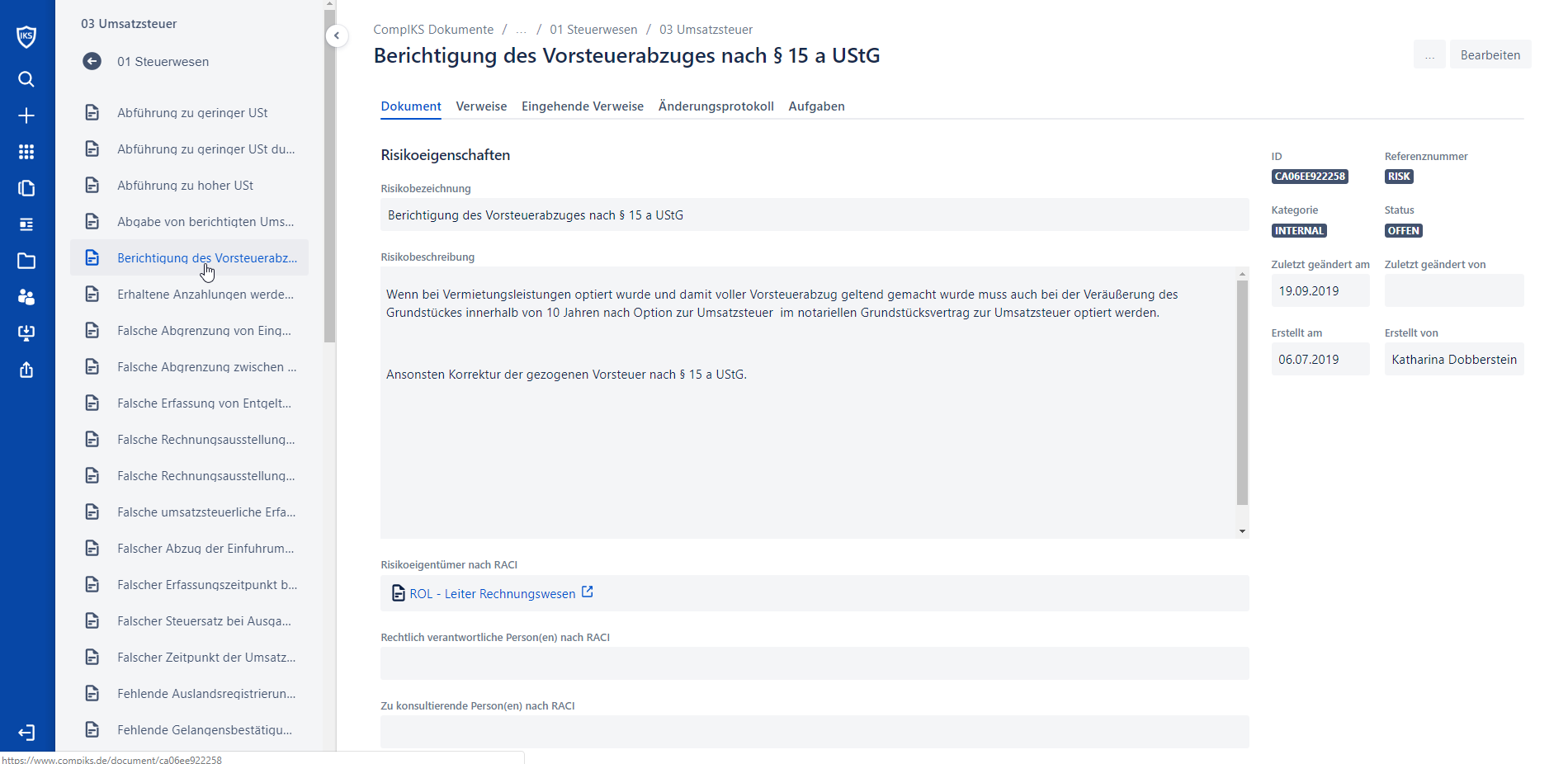 Einblick in die Software: Erfassen eines Risikos