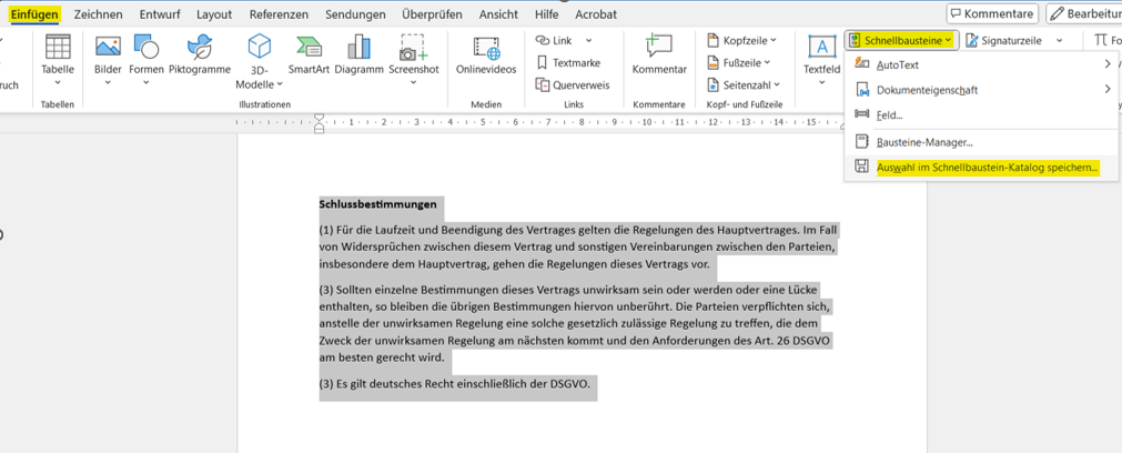 MS Word Schnellbaustein speichern