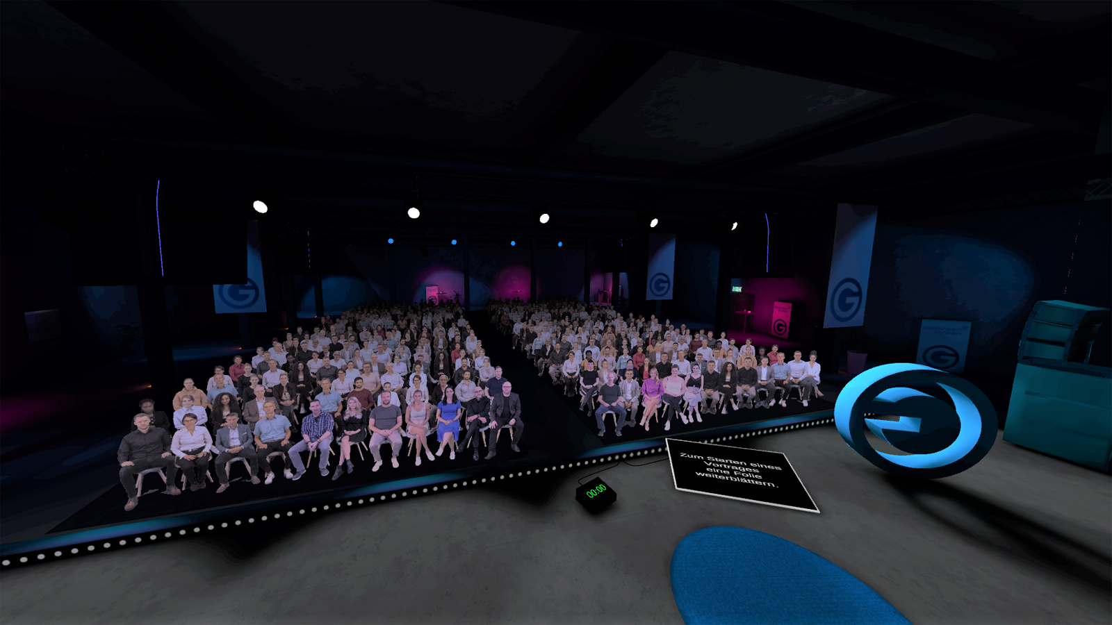 Blick von der Gedankentanken Bühne in VR EasySpeech